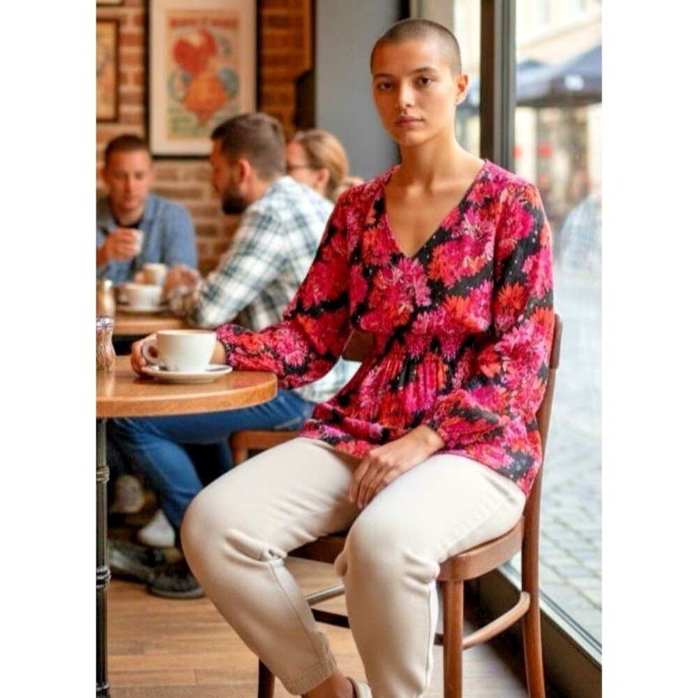 Rose + Olive balloon long sleeve womens v-neck elastic waist blouse Medium